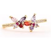 ORIGENCE Butterfly Rings for Women 14K Gold Plated Butterfly Ring with Colorful Purple Pink CZ Crystal Dainty Gold Band Fashion Rings for Women Cute Stackable Jewelry Gift for Her