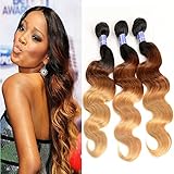 Black Rose Hair Ombre Hair Peruvian Body wave 3 Bundles Virgin Human Hair Weave Weft Mixed Length(10 12 14) Three Tone Color 1B/4/27# Tangle-free