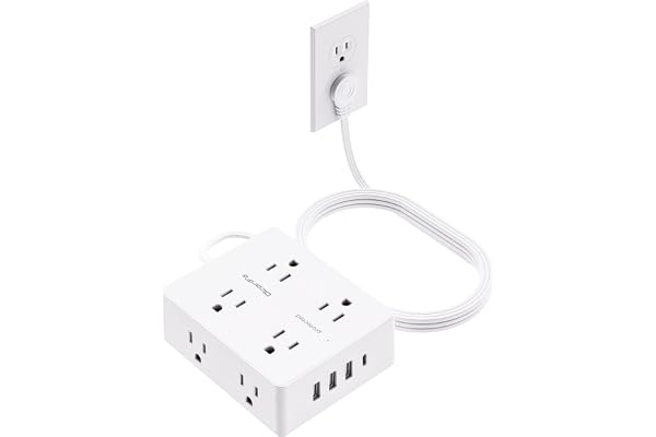 Olcorife Flat Plug Power Strip with 10 FT Extension Cord, 8 Outlets 4 USB Ports(1 USB C), 3 Sided Outlet Extender for Home Of