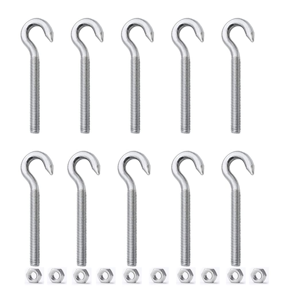 ZHIQIN 10PCS M6 Hook bolts and Nuts Screw Steel Hook Bolts 304 Stainless Steel Heavy Duty Hanging Hooks Bolt for Cabinet Shelf Hammocks Swing Chair Garden Boat