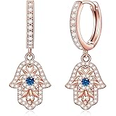 Hamsa Earrings for Women 925 Sterling Siver Evil Eye Hoops Cubic Zirconia Blue Evil Eye Huggie Hoops Lucky Charm Gifts for Women