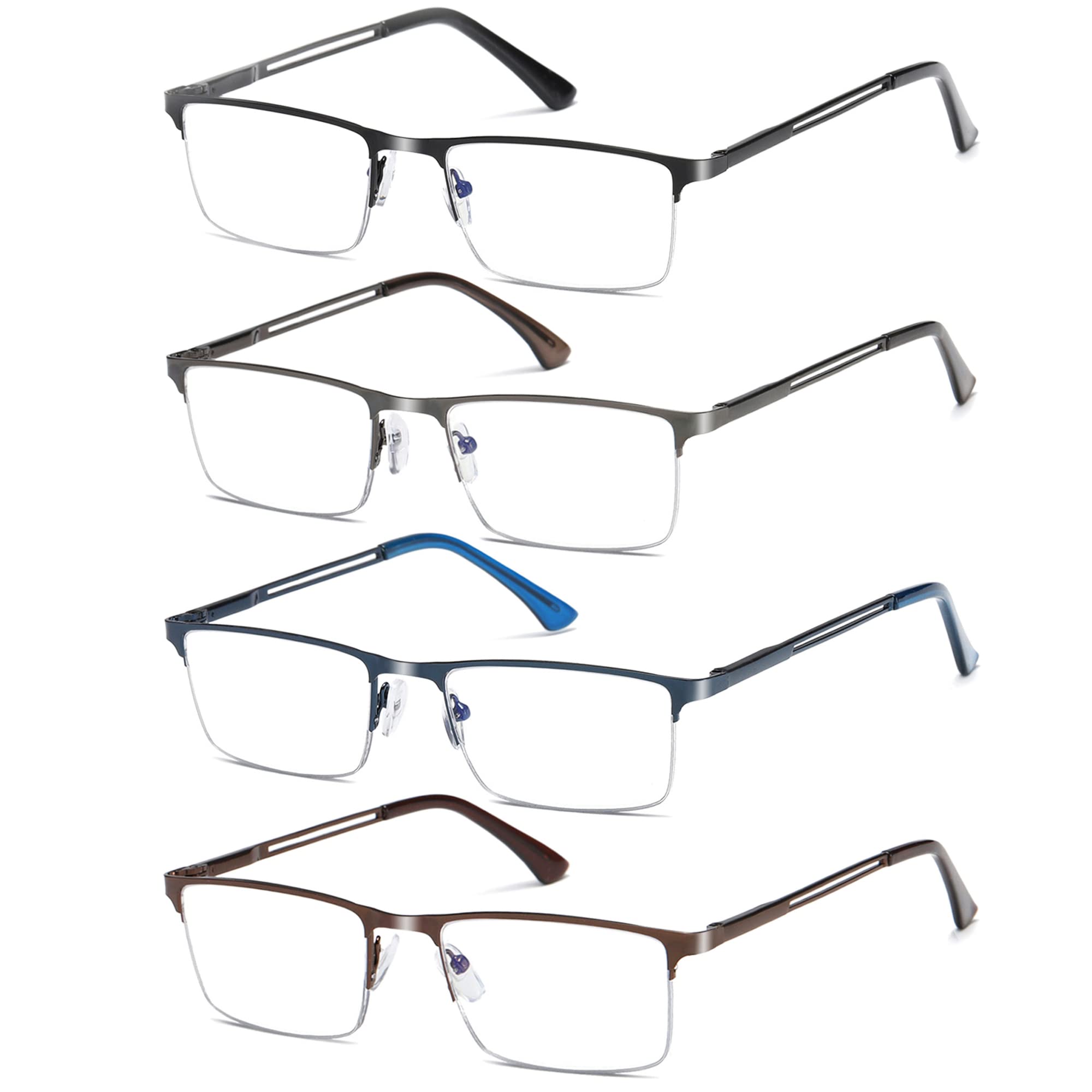 Fsread 4 Pack Half Frame Reading Glasses For Men Metal Frame Blue Light Blocking Mens Reader Lightweight Spring Hinge +2.0