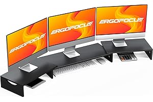 ErgoFocus Triple Monitor Stand Riser, Extra Long Monitor Riser for 1~2~3 Monitors, Dual Monitor Stand with Length and Angle Adjustable, 3 Shelf Monitor Stand for Desk
