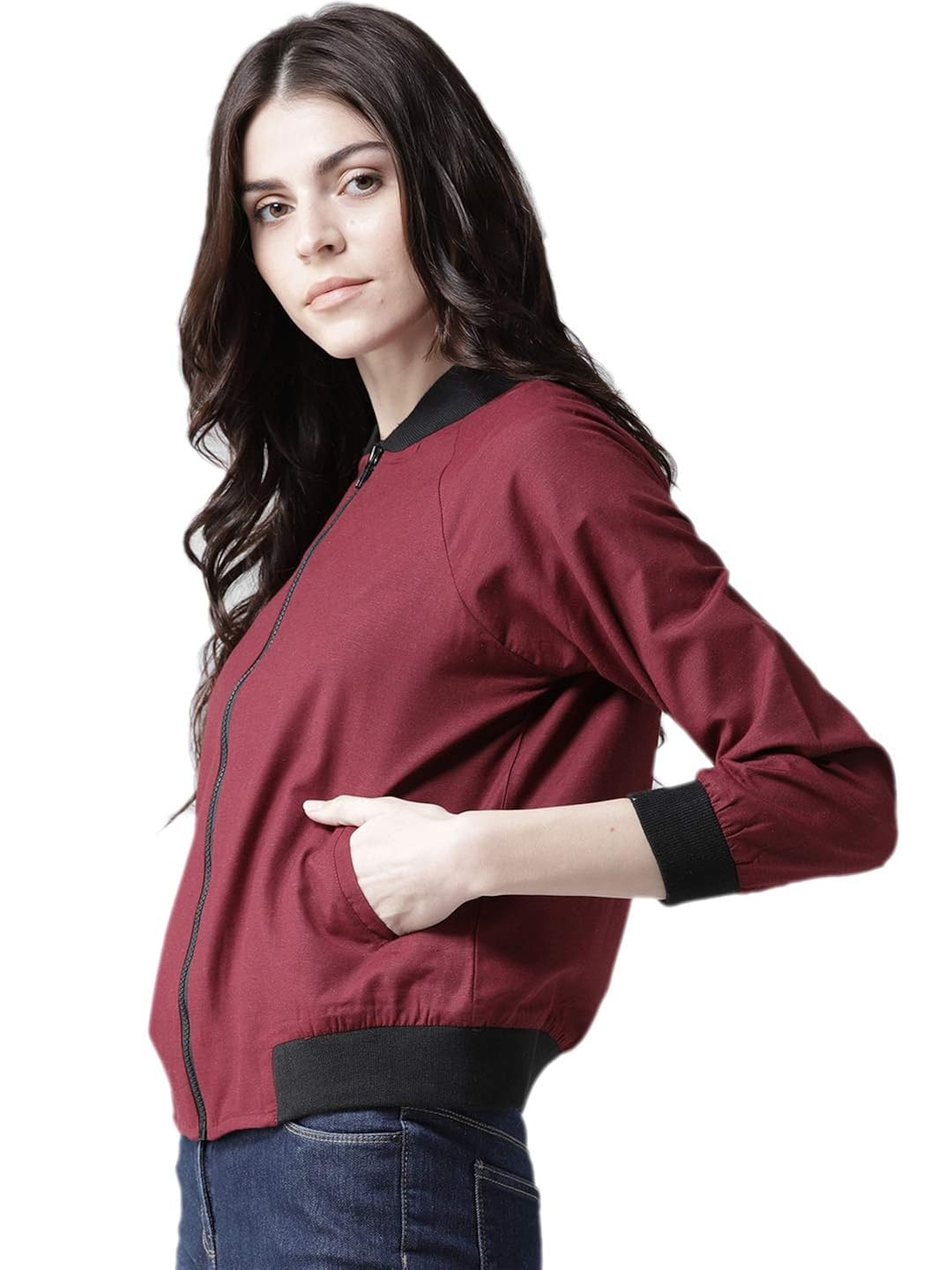 style quotient by noi women maroon solid bomber jacket