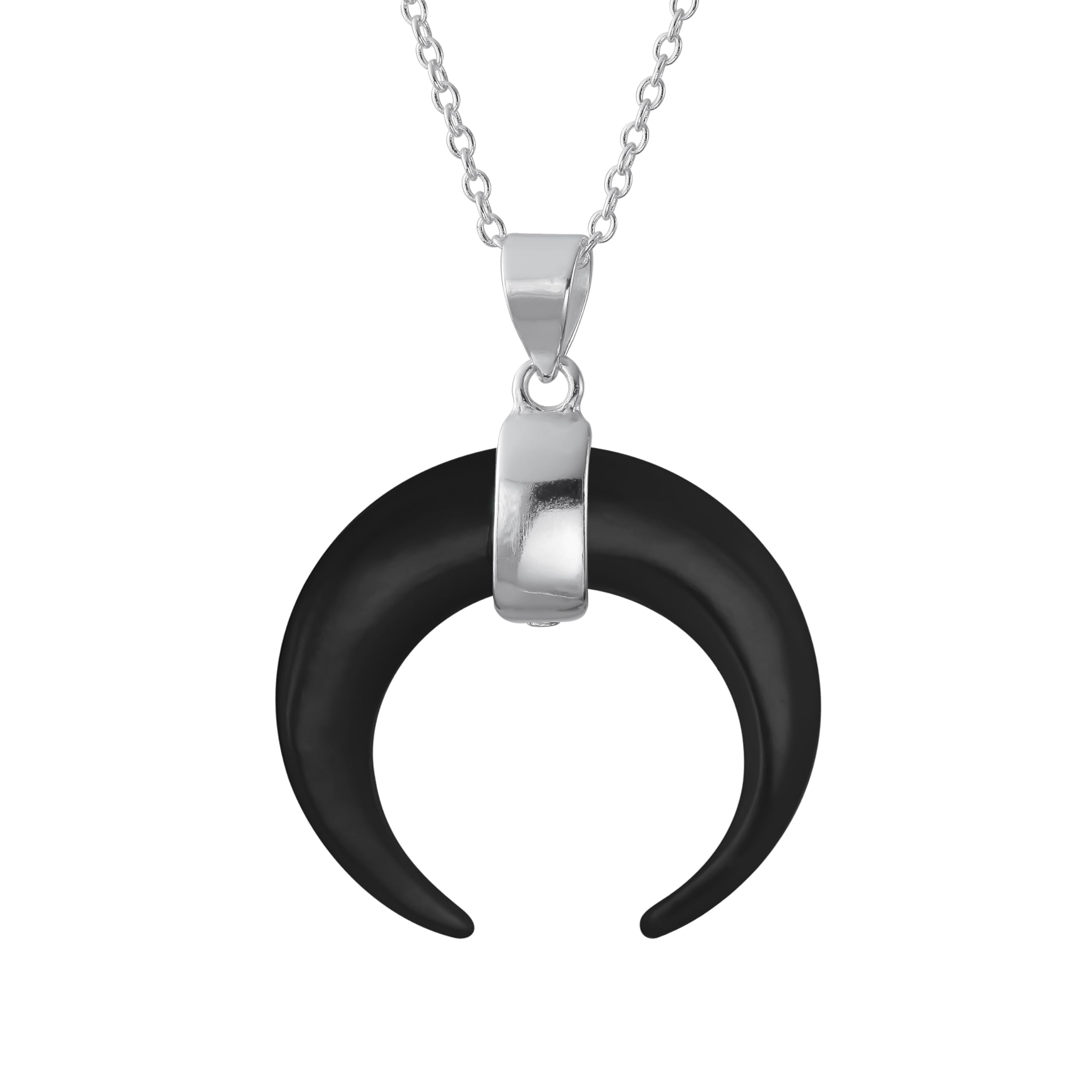 Boho Tribal Style Black Onyx Horn Italian Crescent Luna Waning Half Moon Pendant Necklace Western Jewelry For Women For Teen .925 Sterling Silver — image 1