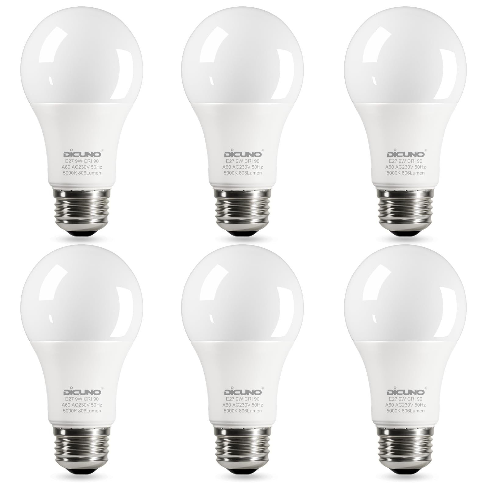 DiCUNO E27 Screw LED Bulb 60 Watts Equivalent, Daylight White 5000K, Large Screw in Light Bulb 9W, 806 LM, Non-Dimmable, No Flickering Lightbulbs for Lamp, 6 Pcs — image 1