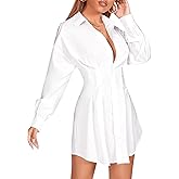 GORGLITTER Women's Button Up Long Sleeve Mini T Shirt Dress Lapel Collar Pleated Flared Short Dresses
