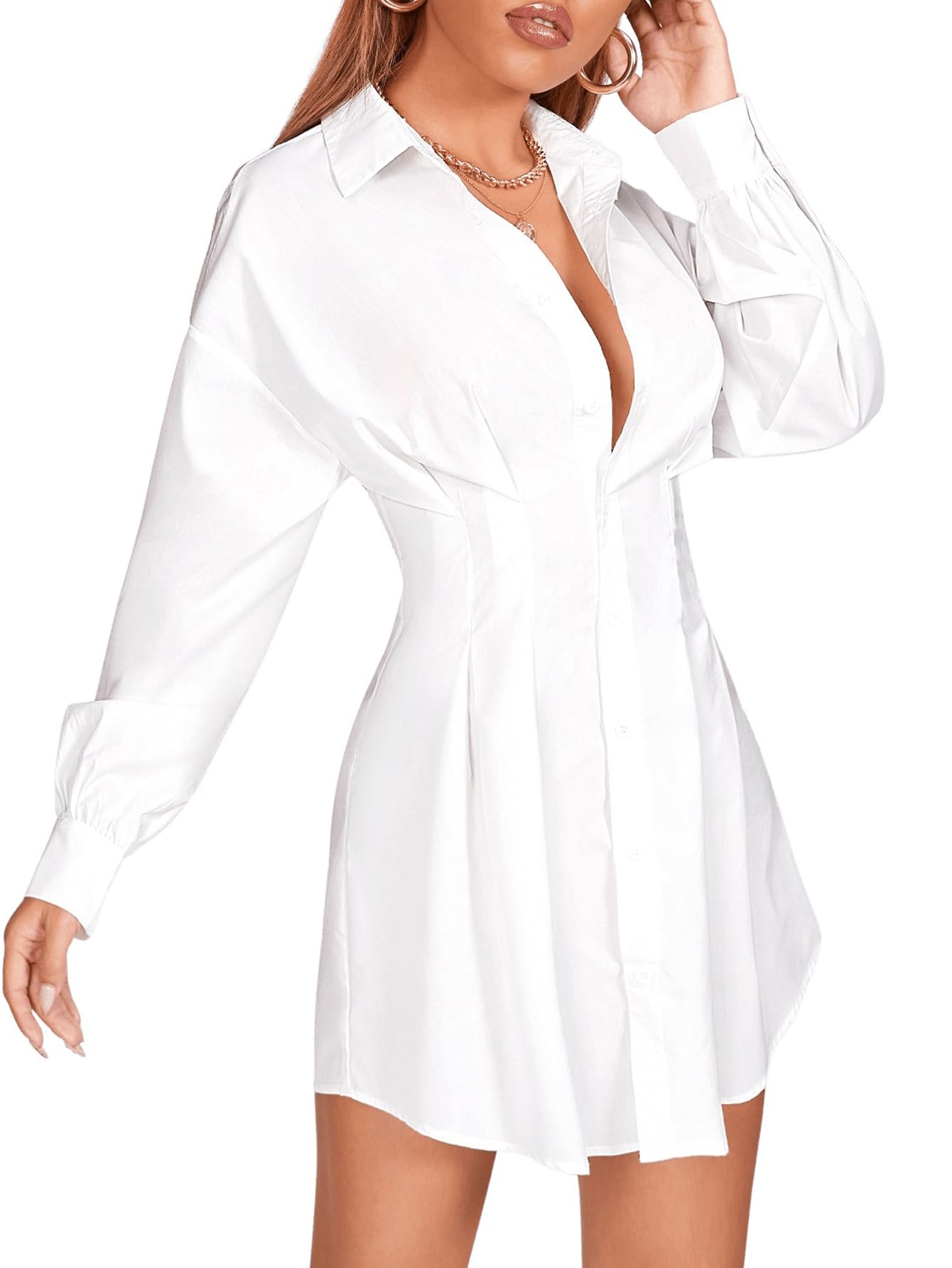 GORGLITTER Women's Button Up Long Sleeve Mini T Shirt Dress Lapel ...