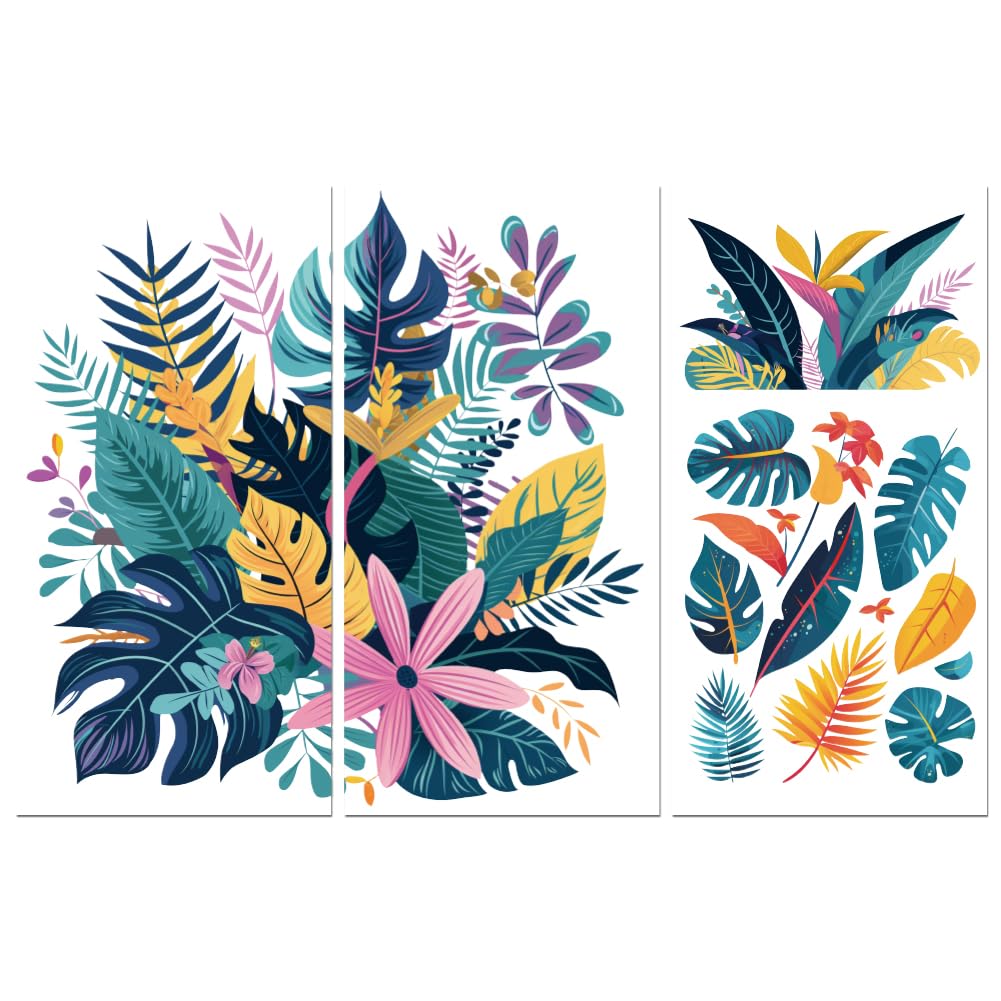 Peacoblue Blue Rub on Transfers for Crafts 3Pcs Bohemian Leaves 15cmx30cm, UV DTF Waterproof Japanese Furniture Transfer for Chest of Drawer Dresser Glass Porcelain Wood Plastic