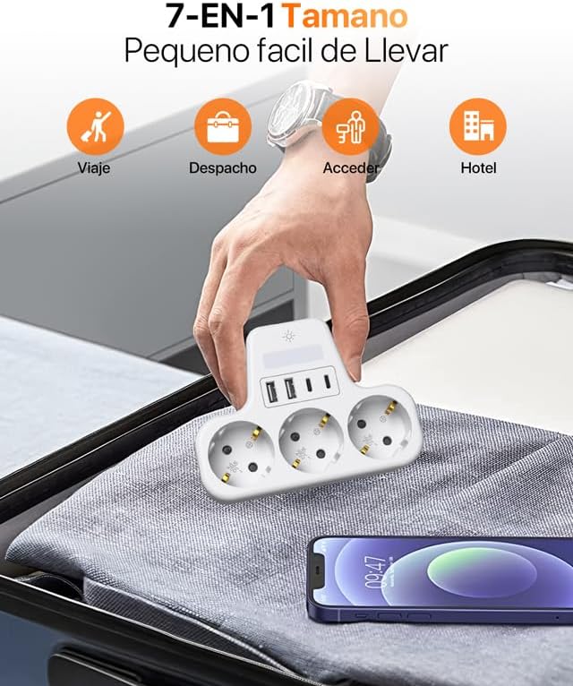 7 en 1 Regletas Enchufes 2 USB, Ladron Enchufes Plano con 2 USB C, 3 Tomas Ladrón Enchufes Multiples con LED, Triple Cargador Multiple 3680W, Regleta Pared para Oficina, Blanco — foto 6 de 8