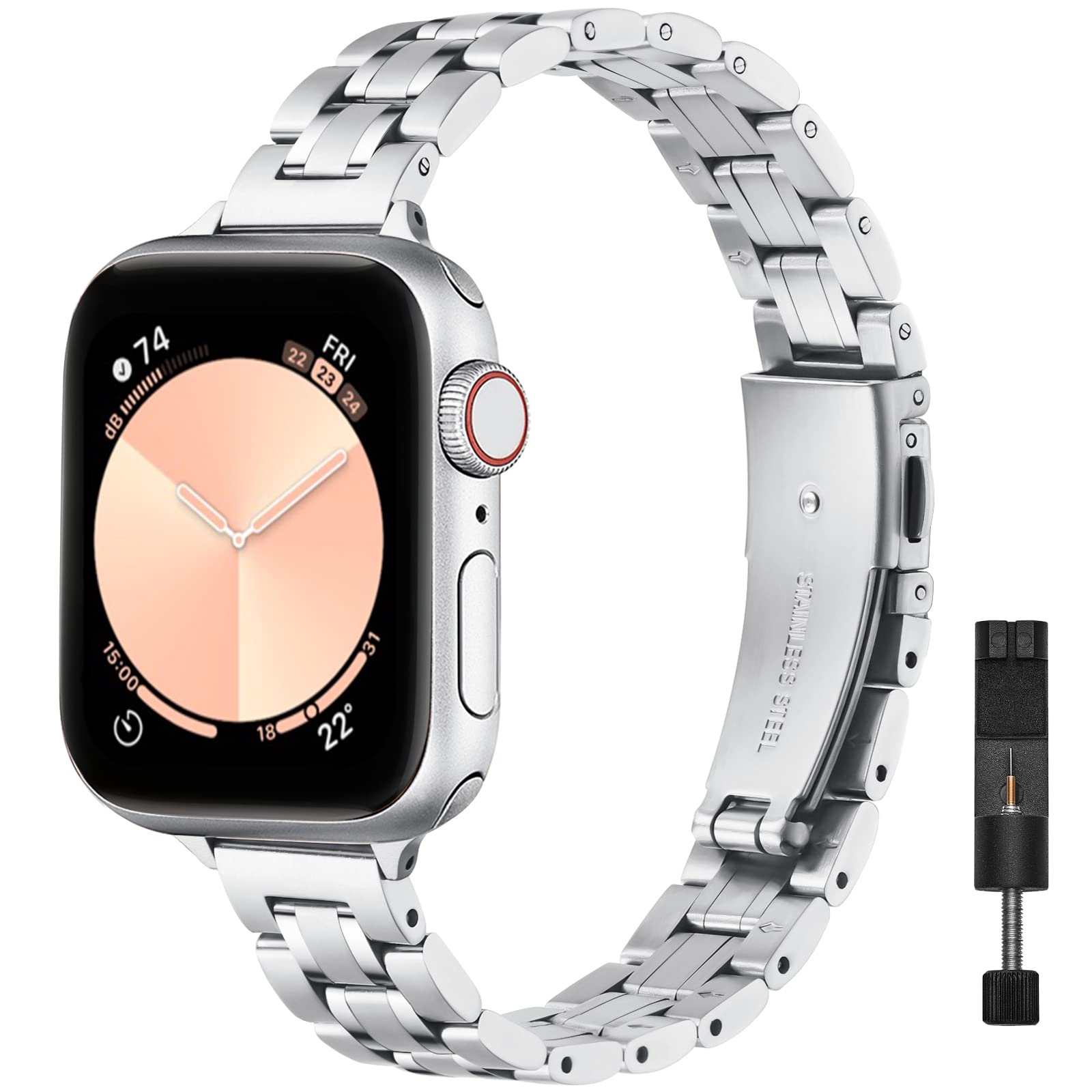 Photo 1 of STIROLL Thin Replacement Band Compatible for Apple Watch 49mm 46mm 45mm 44mm 42mm(Series 3 2 1), Stainless Steel Metal Wristband Women Men for iWatch Ultra SE Series 10 9 8 7 6 5 4, Silver
