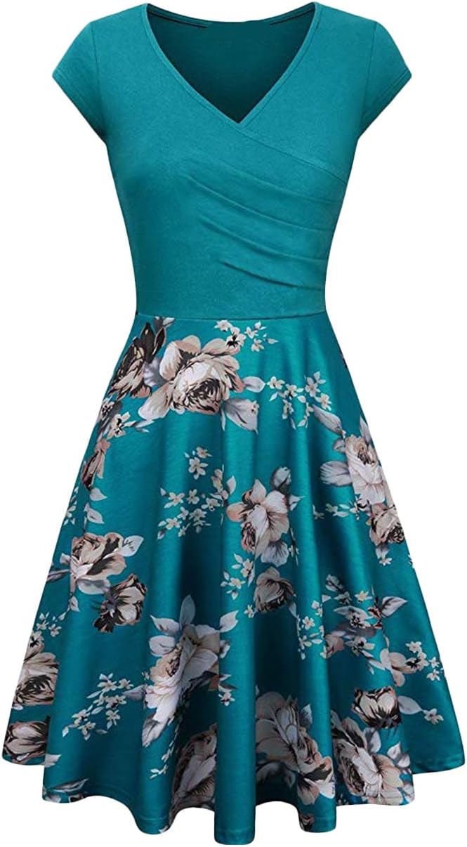 EFOFEIWomens Casual Swing Short Sleeve Dress Wrap Solid Color A Line Skater Dress