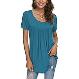 CATHY Women's Summer Short Sleeve Pleated Blouse Loose Flowy Tunic Top for Leggings