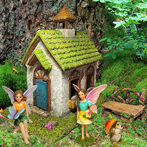 Mood Lab Fairy Garden Fairy House - Miniature Fairy Garden Figurines with Accessories - Set of 5 pcs - Hand Painted Kit for Outdoor or House Decor