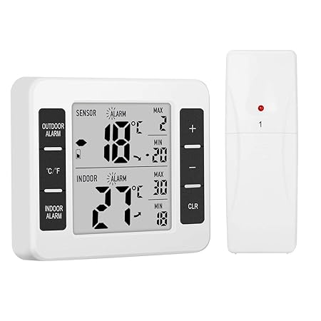 Digitaler Thermometer, GLISTENY Kühlschrankthermometer, Innen und Außen Thermometer, mit 2 Drahtloser Sensor Temperaturalarm,