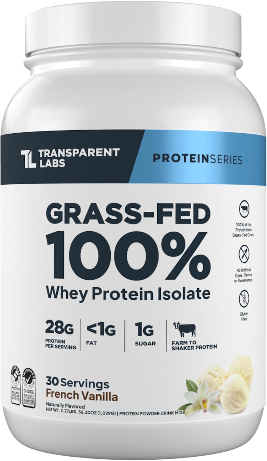 Transparent Labs Grass-Fed Whey Protein Isolate - Naturally Flavored, Gluten Free Whey Protein Powder with 28g of Protein per Serving & 9 Amino Acids - 30 Servings, French Vanilla