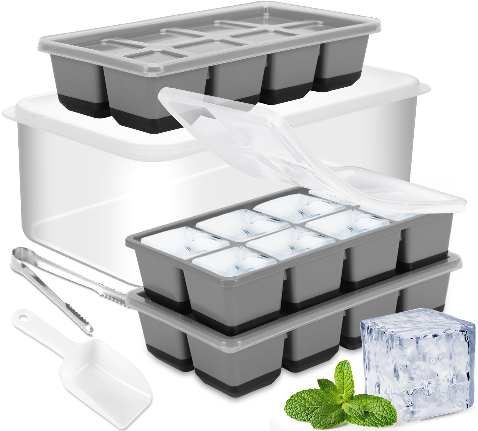 Photo 1 of Large Ice Cube Tray with Lid and Bin, Jrisbo Silicone Big Square Ice Cube Molds for Freezer, 3 Pack Stackable Huge Cubed Ice Trays with Ice Tong, Ice Scoop for Whiskey Cocktails Soups Frozen Treats