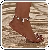Xduargs Boho Seashell Ankle Bracelet Silver Cowrie Sea Shell Anklet Bracelet Vintage Disc Coin Dangle Anklet Summer Beach Natural Shell Foot Chain Jewelry for Women