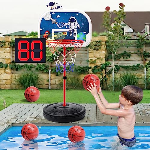 Eaglestone Pool Basketball Hoop with Electronic Scoreboard, Poolside Basketball Hoops Outdoor, Adjustable Height 3.7ft-7.0ft w/ 4 Balls, Water Basketball Game, Outside Toys for Boys and Girls