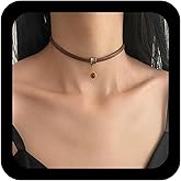 Ximdble Vintage Brown Leather Choker Necklace Sunflower Pendant Necklace Tiger Eye Sunflower Choker Necklace Short Brown Suede Leather Necklace Boho Suede Cord Choker Necklace for Women