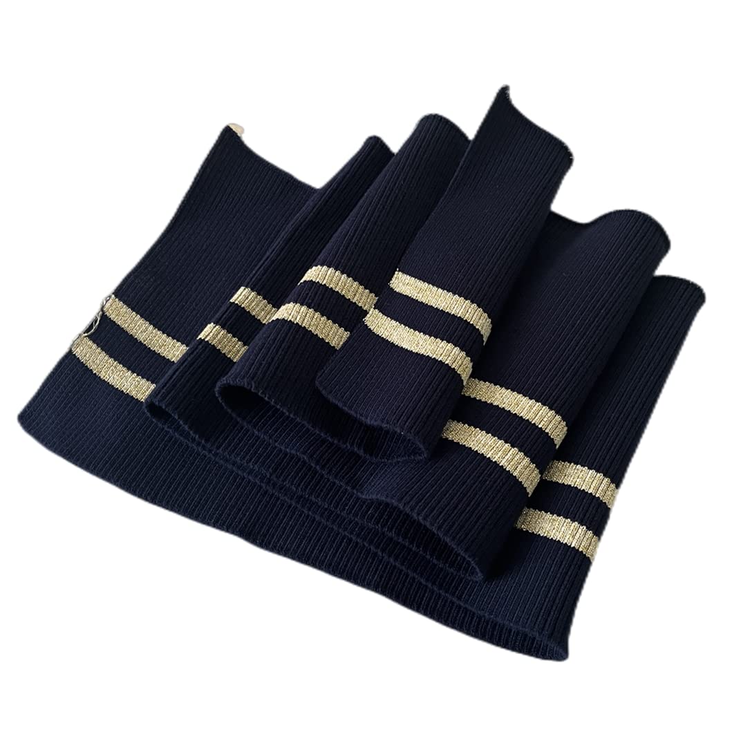 TinaKim Ribbing Fabric for Waistband, Sew Trim Material (Blue + Gold Stripe, 36x6in)