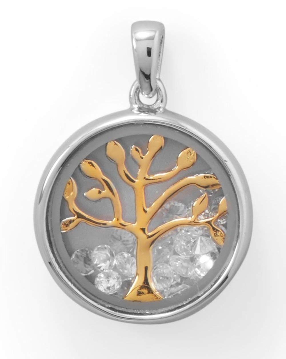 14K Gold//Rhodium Plated Sterling Silver Two Tone Double-Sided Tree of Life Pendant Hangs 22.2mm 25 1.1mm Floating CZs