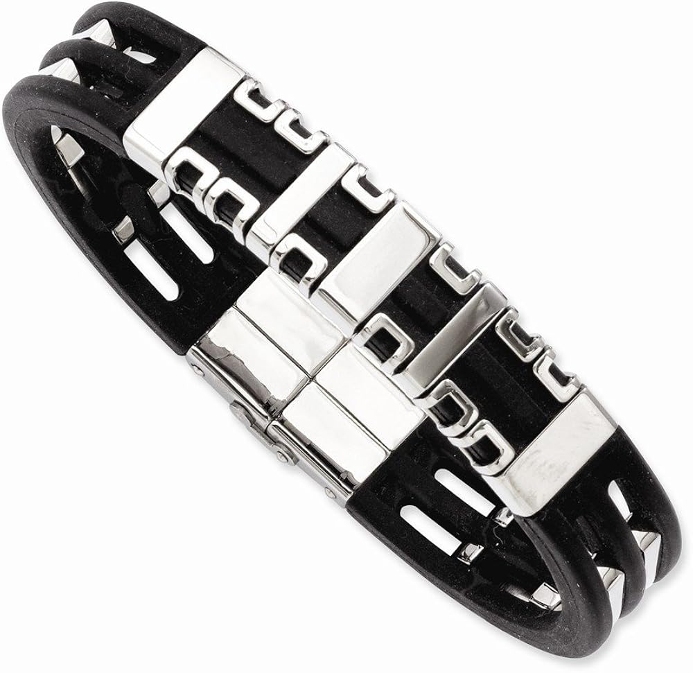 Stainless Steel Black Rubber 8.25in Bracelet Length 8.25