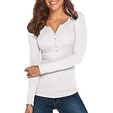 Tobrief Women's Henley Shirts Long Sleeve V Neck Ribbed Button Down Knit Sweater Fitted Tops