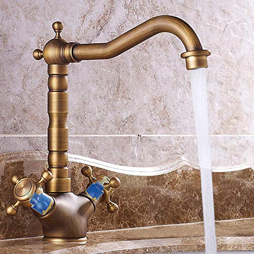 Vintage Kitchen Sink Tap, 360° Rotatable Brass Bathroom Sink Mixer Tap, Double Handle Bathroom Tap, Hot and Cold Tap, with Flexible Hose, Durable Design