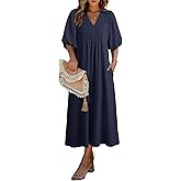 Dokotoo Summer Dresses for Women 2026 Casual Dresses V Neck Puff Sleeve Empire Waist A-Line Maxi Dress