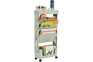 Welnow Rolling Bookshelf Cart, 5-Tier Multi-Functional Movable Slim Utility Storage Organizer with Wheels & Pen Holder Book C