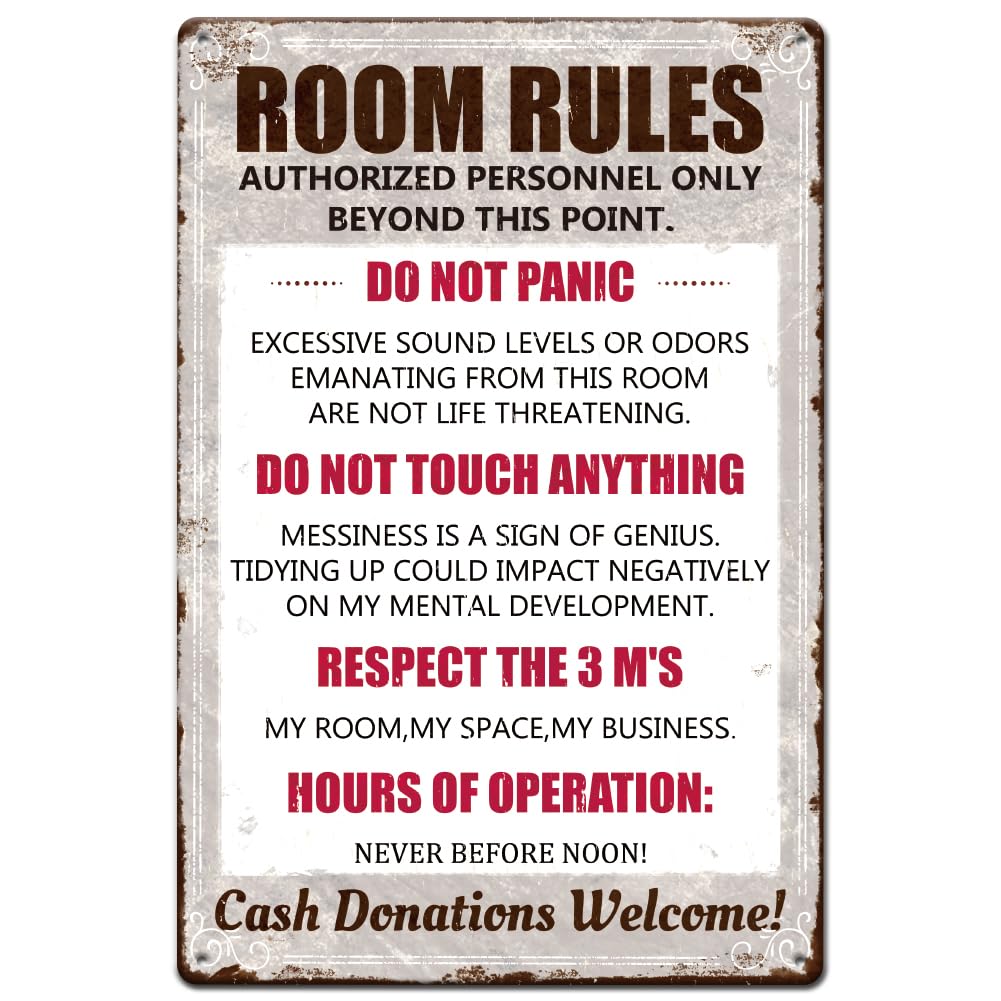 Hobbspring 1pc Funny Room Rules Sign 30x20cm Vintage Metal Tin Sign Gaming Room Door Decor Dorm Wall Accessories with 4 Pre-Drilled Holes for Teen Home Wall Decor