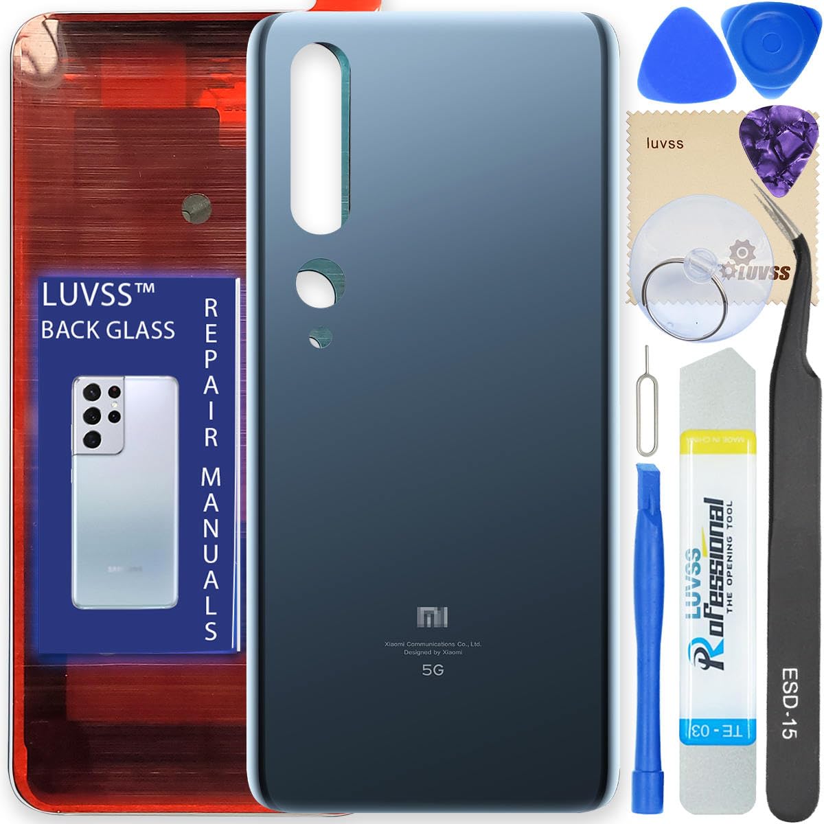 LUVSS Back Glass Cover Replacement Compitable for Xiaomi Mi 10 5G Rear Cover + Repair Manual DIY Tools Kit (Gray)