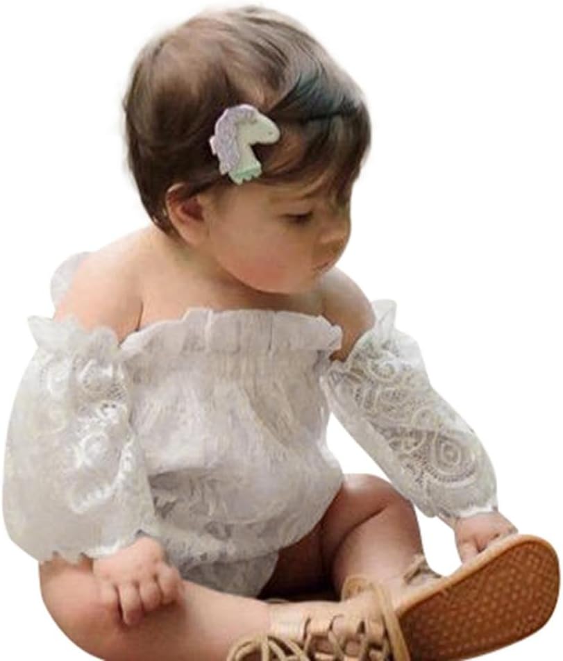 Newborn Infant Baby Girls Cute Floral Lace Off Shoulder Princess Dress Toddler Sweet Romper Jumpsuit Clothes (White, 12M)