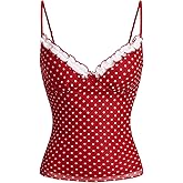 BEAUDRM Women's Polka Dots Cami Tops Coquette Mesh Lace Trim V Neck Ruffle Hem Camisole Spaghetti Strap Y2k Tops