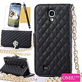 Galaxy S4 Case,OMIU(TM)Luxury Fashion Camellia Pendant Rhombus Handbag Metal Chain Style Superior Soft PU Leather Grid Purse Wallet Case Cover For Samsung Galaxy S4 i9500(Black),Sent Screen Protector+Stylus+Cleaning Cloth
