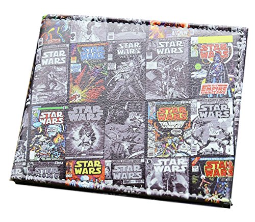 Star Wars Comic Book Covers Black and White with Color Mixed In Movie Themed Leather Like Bi Fold Wallet (Always Arrives with a Gift Box)