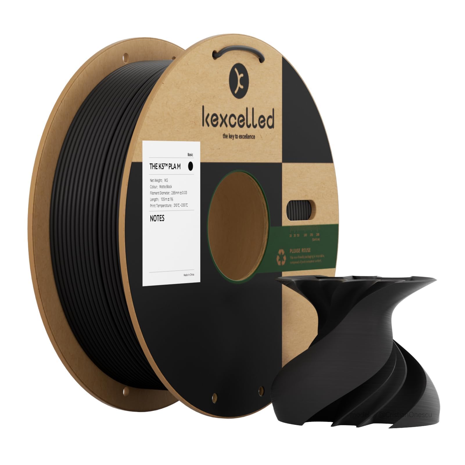 kexcelled 2.85mm Matte PLA Black Filament Frosted Finish 3D Printing Aesthetic Material for Decor 1kg Spool Muted Tones FDM Printer Compatible