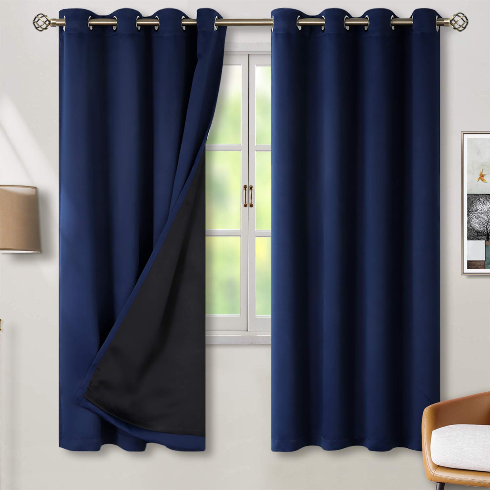 BGment Thermal Insulated 100% Blackout Curtains for Bedroom with Black Liner, Double Layer Blackout Noise Reducing Curtains (52x72 Inch, Navy Blue, 2 Panels)