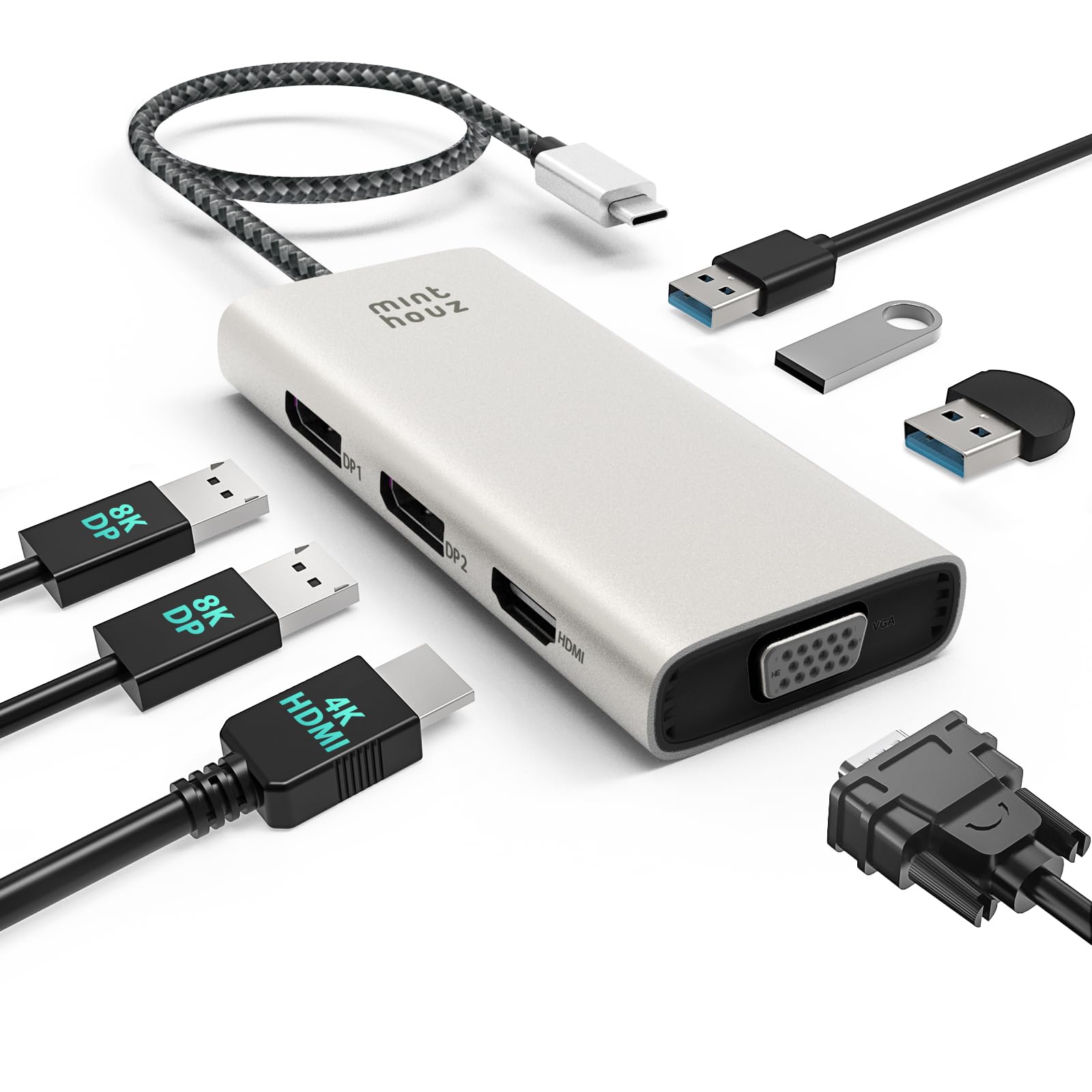 Minthouz USB C Docking Station,7-IN-1 USB Hub mit 4K@60Hz HDMI,8K@60Hz DP1/2, VGA, 3xUSB2.0 Multiport Adapter für Dell/HP/Lenovo/Thinkpad, Kompatibel mit Mac/Windows/Chrome OS/Linux/Android/iOS