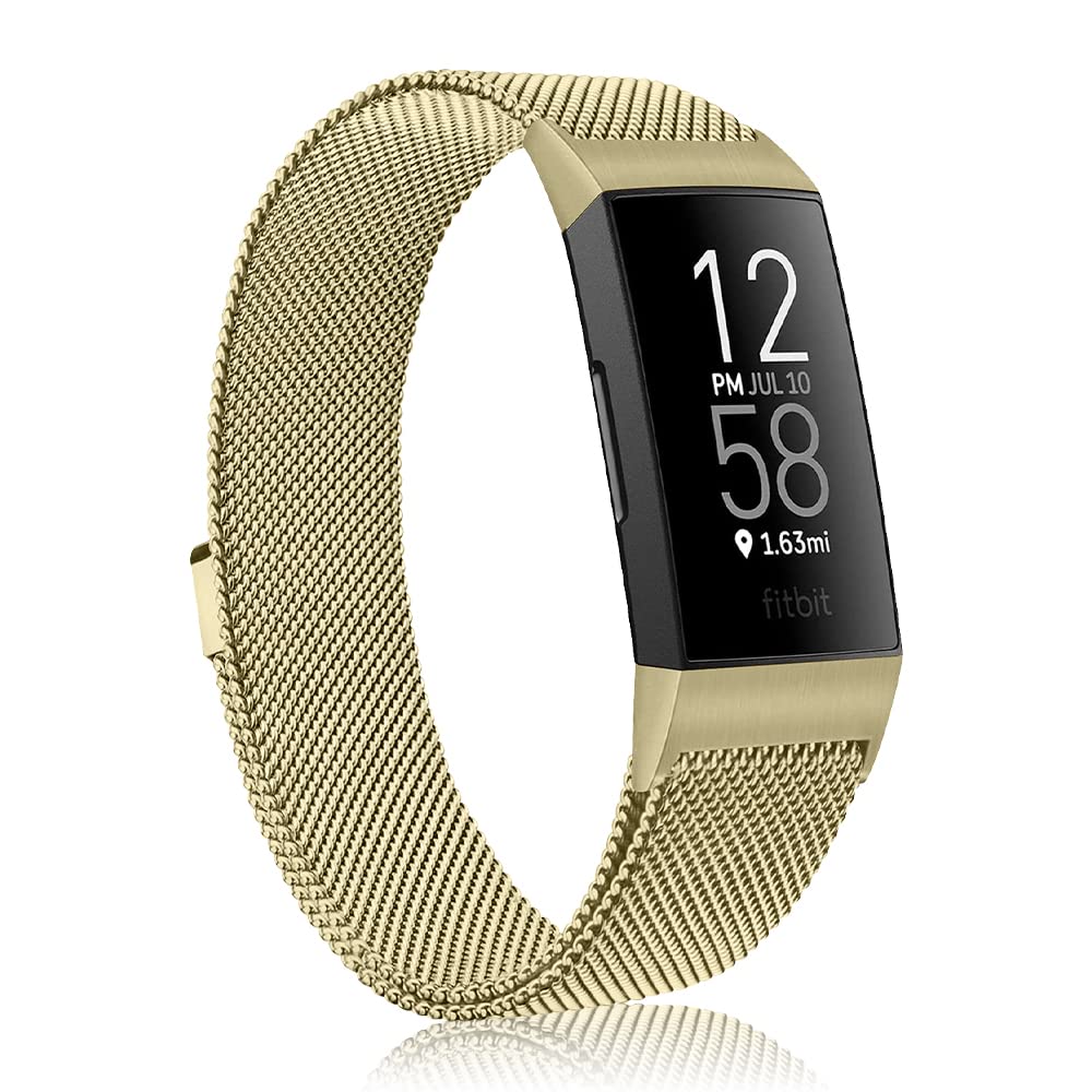 Niboow Strap Compatible with Fitbit Charge 3/Charge 4, Men Women Magnet Stainless Steel Mesh Metal Breathable Watch Bands Compatible with Fitbit Charge 3/Charge 4 - Gold