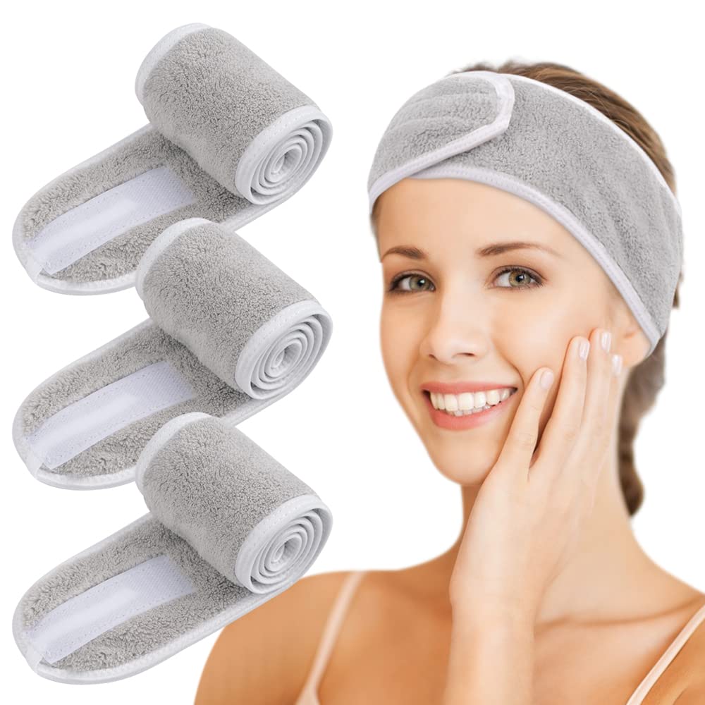 KinHwa 3 Pack Spa Facial Headband Makeup Hair Band Women Skincare Adjustable Microfibre Headband for Washing Face Sports Yoga Lightgray — image 1