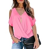 LEIYEE Womens Summer Cold Shoulder Tops Short Sleeve Front Twist Knot V Neck T Shirts Draped Blouses