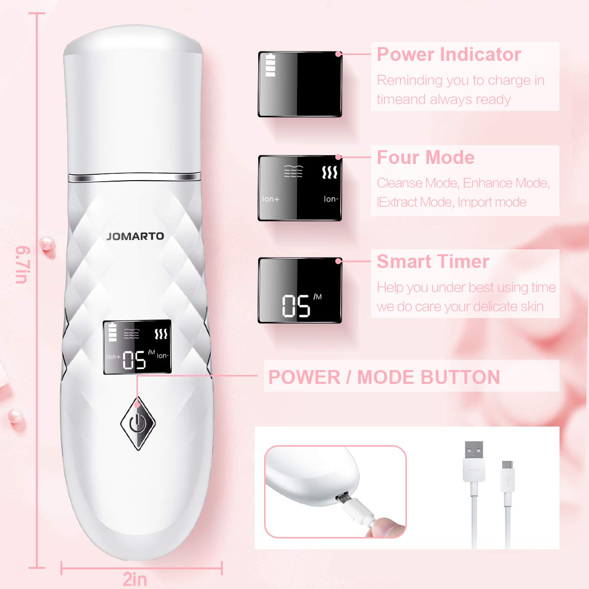 Skin Scrubber, JOMARTO Electric Ultrasonic Facial Spatula, Portable USB Rechargeable LED screen Face Skin Spatula with 4 Modes, Blackhead Remover Pore Cleaner, Moisturizing Lifting: Beauty