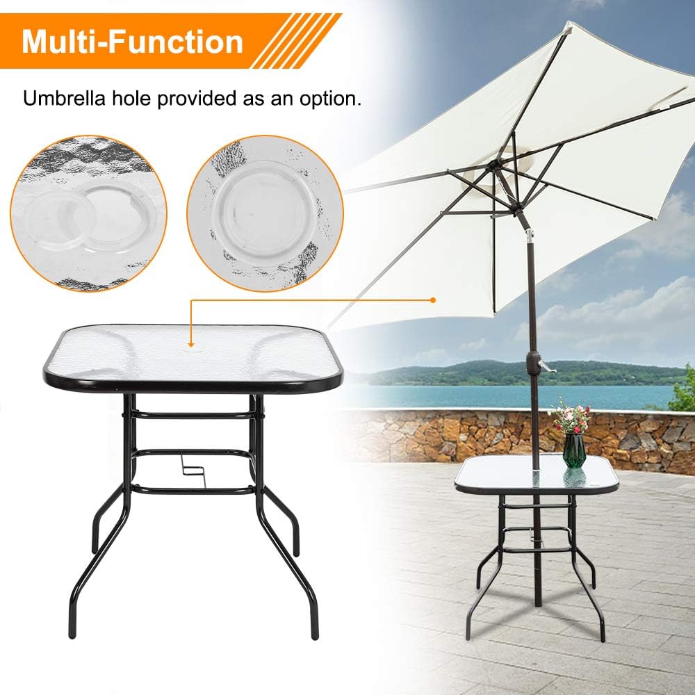 VINGLI Outdoor Dining Table, 32" Square Patio Bistro Tempered Glass Table Top with Umbrella Hole, Outside Banquet Furniture for Garden Pool Side Deck Lawn: Kitchen & Dining