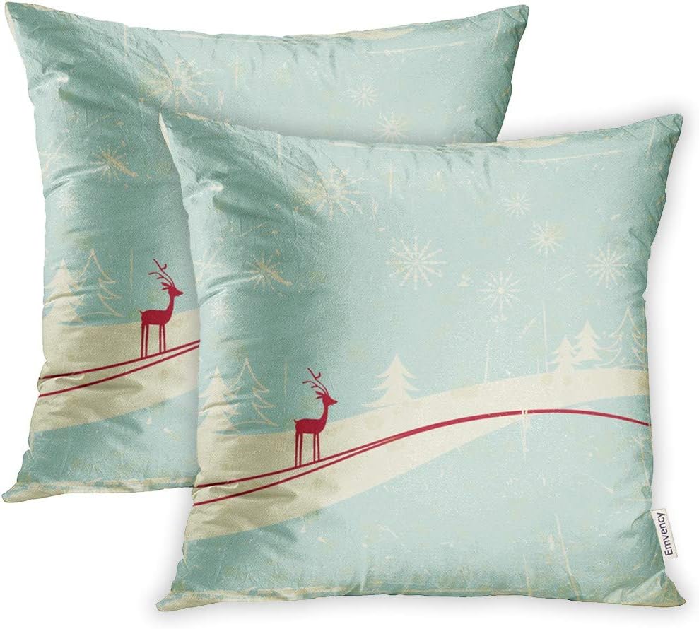 Emvency Christmas Reindeer in Winter Landscape Holiday Retro Vintage Advent Throw Pillow Covers Cover Set of 2 16x16 Inch Two Side Pillowcase Cases Case