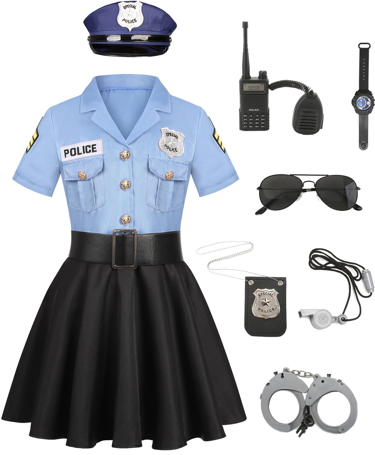Photo 1 of jiobabe Kids Police Officer Costume Girls Cop Cosplay Outfits Uniform Halloween Costumes with 9 Pcs Accessories Hat Walkie Talkie Handcuffs Sunglasses Police Badge Whistle Watch GR008M
