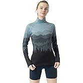 Leapstride Women's Slim Fit Turtleneck Performance Base Layer - Mountain & Forest Print, Moisture-Wicking Long Sleeve Top