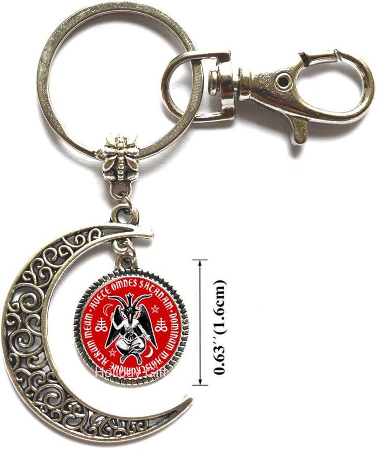 Fashion Moon Keychain,Newest Baphomet Devil Glass Art Key Ring Chain Pagan Satan Moon Keychain for Women and Men Best Selling,H048