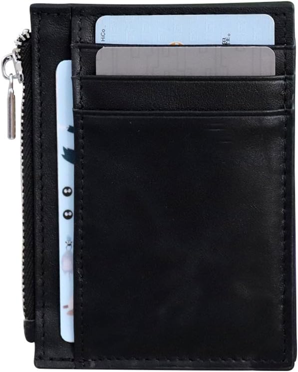 Slim Top Grain Genuine Mens Cowhide Leather Wallet, with 8 Card Slots and Mini Zipper Pocket, Campact Coin Purse Also for Cash Organizer, and Carry Key Chain, Ring, Earbud by Zipper Pocket, Black